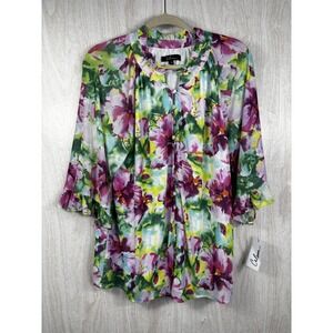 Caleesa Floral Ruffle Sleeve Blouse Womens Large Pink Green NWT Watercolor!